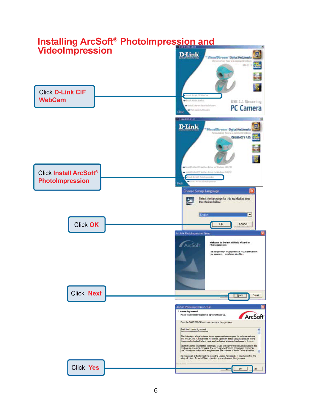 D-Link DSB-C110 manual Installing ArcSoft PhotoImpression and VideoImpression 