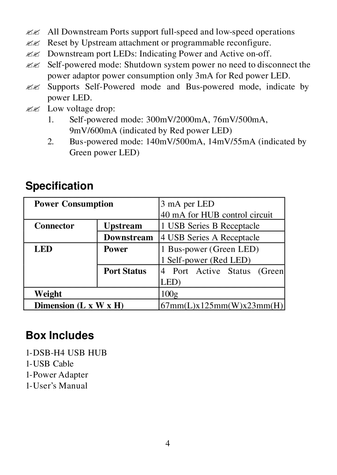 D-Link DSB-H4 user manual Specification, Box Includes 