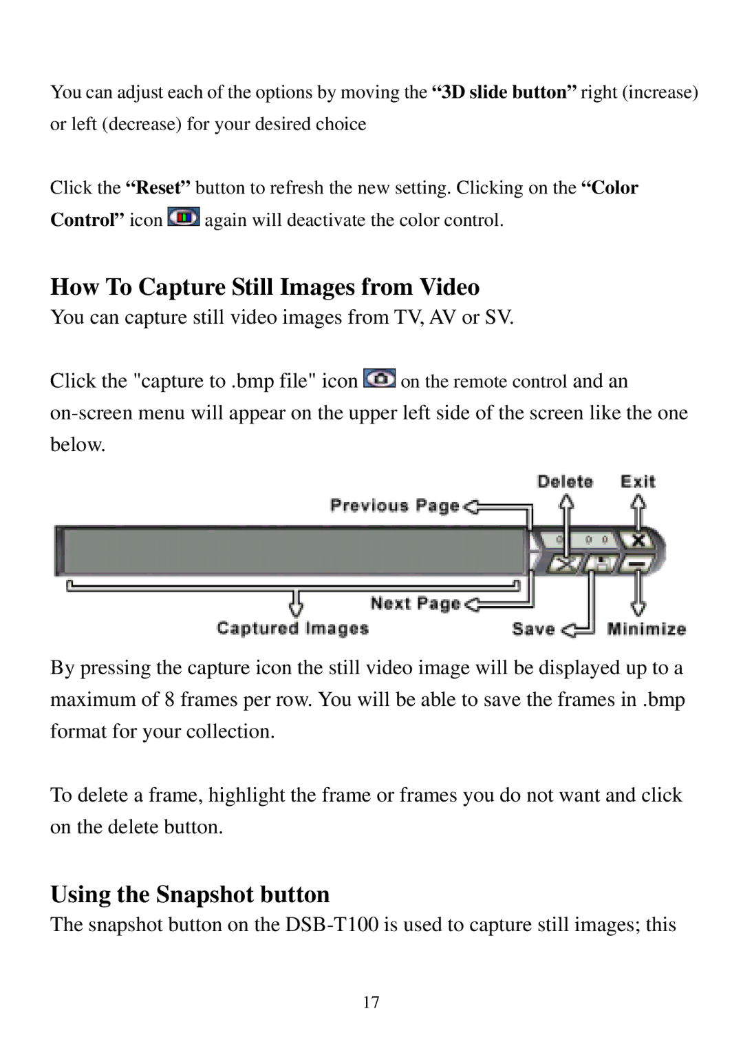 D-Link DSB-T100 user manual How To Capture Still Images from Video, Using the Snapshot button 