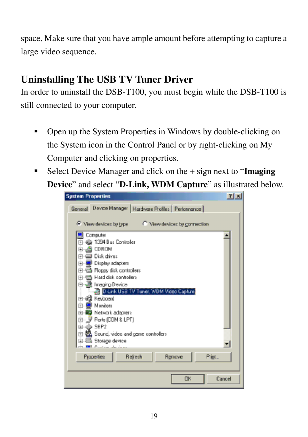 D-Link DSB-T100 user manual Uninstalling The USB TV Tuner Driver 