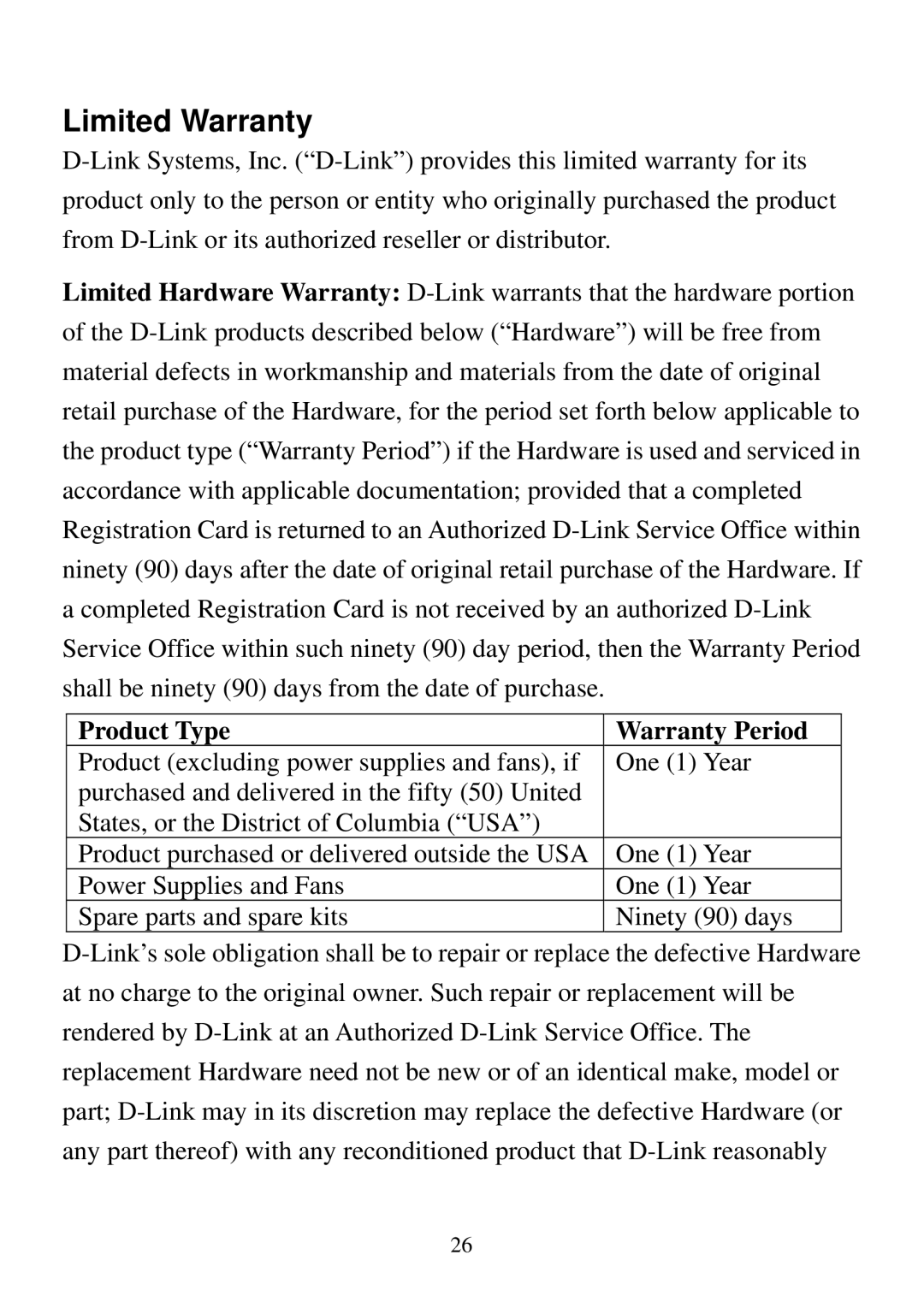 D-Link DSB-T100 user manual Limited Warranty, Product Type Warranty Period 