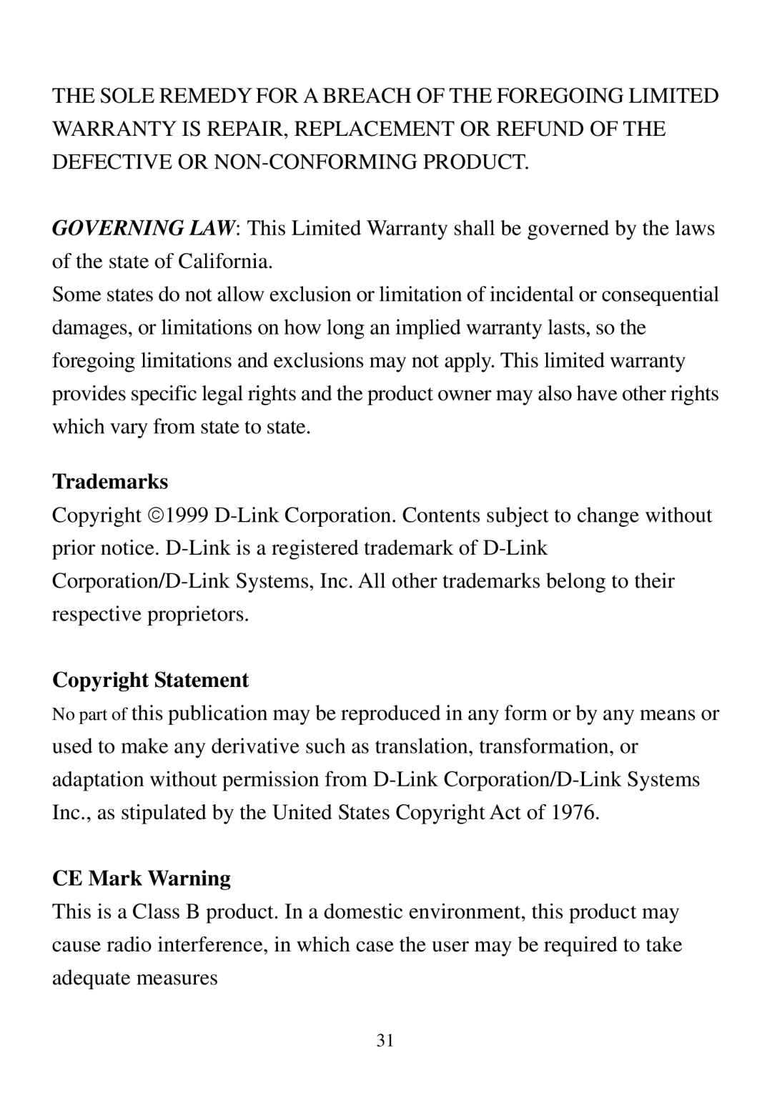 D-Link DSB-T100 user manual Trademarks, Copyright Statement, CE Mark Warning 