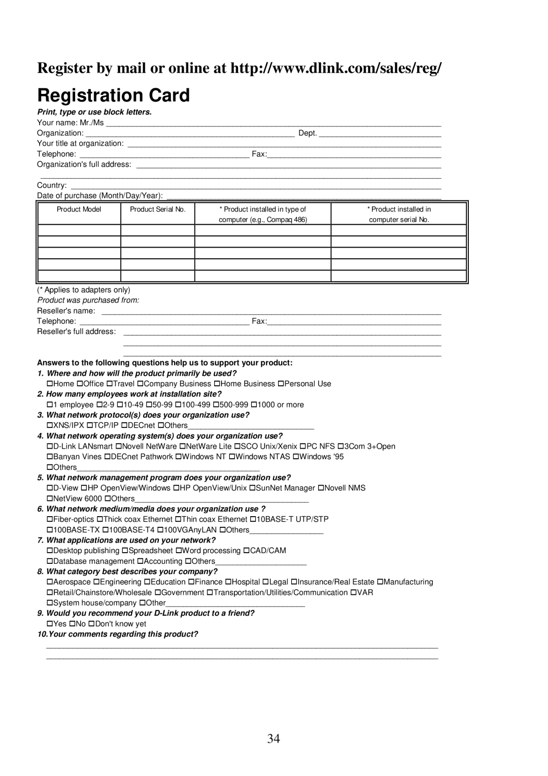 D-Link DSB-T100 user manual Registration Card, Print, type or use block letters 