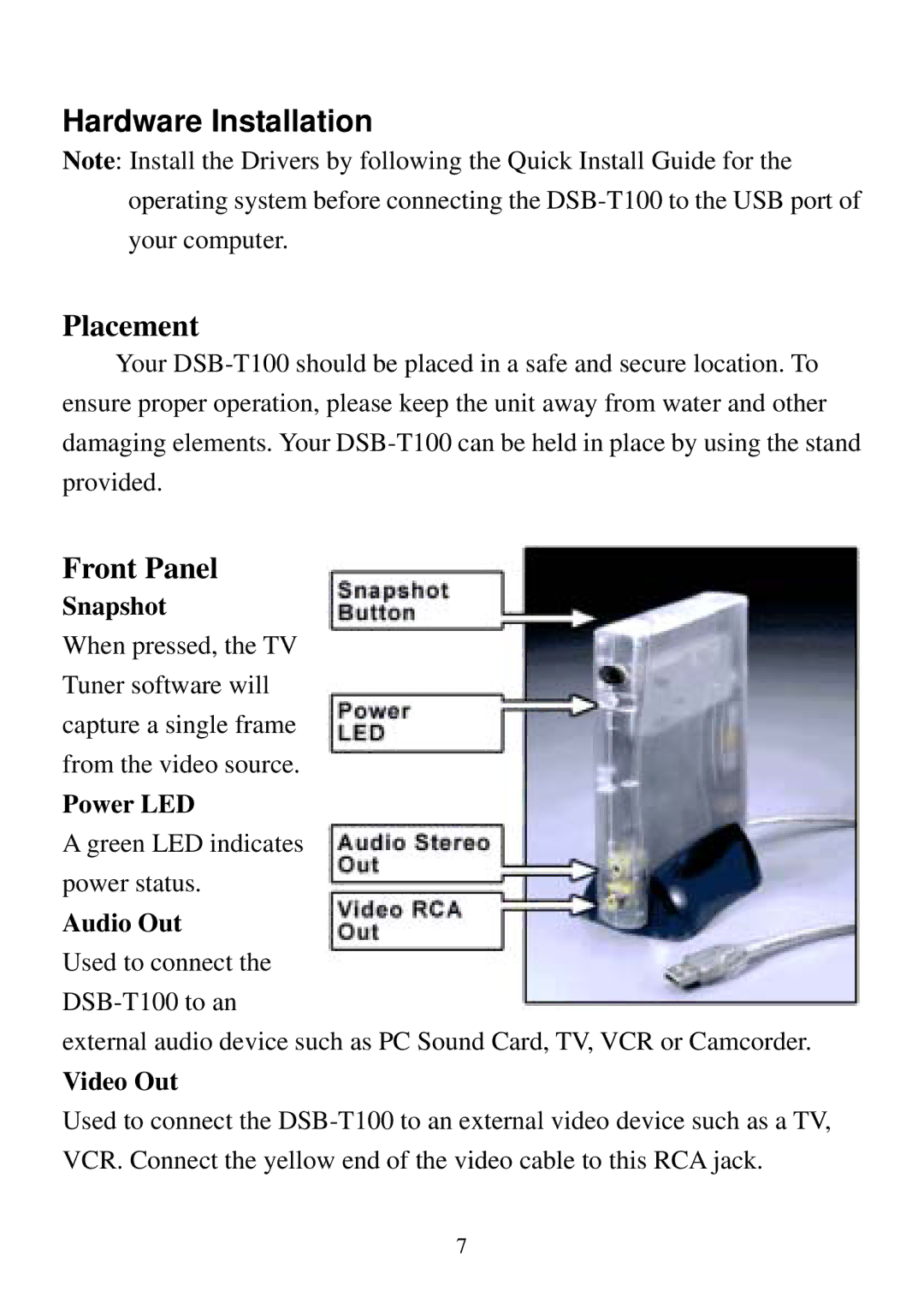 D-Link DSB-T100 user manual Hardware Installation, Placement, Front Panel 