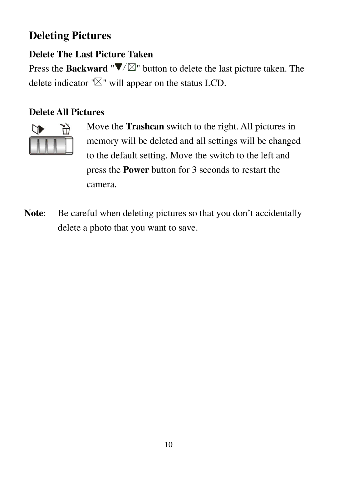 D-Link DSC-100 user manual Deleting Pictures, Delete The Last Picture Taken, Delete All Pictures 