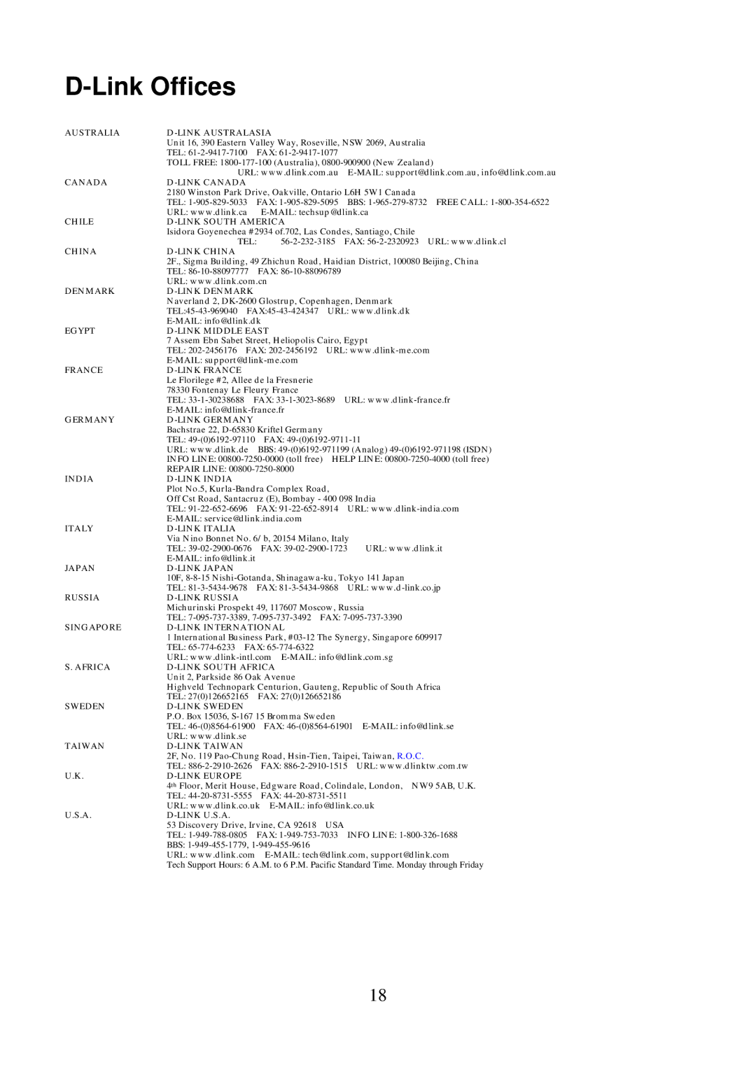 D-Link DSC-100 user manual Link Offices, Australia Link Australasia 