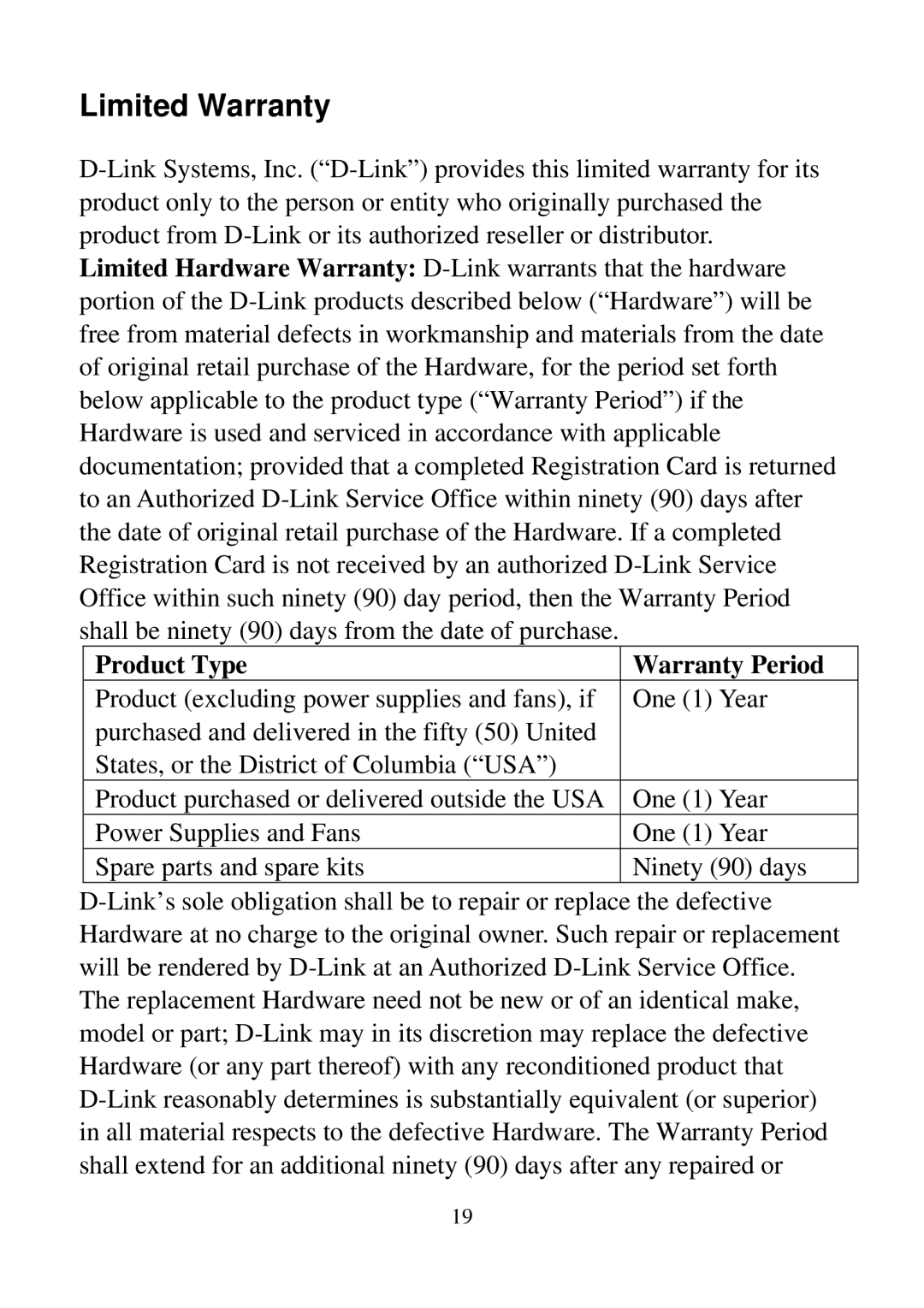 D-Link DSC-100 user manual Limited Warranty, Product Type Warranty Period 