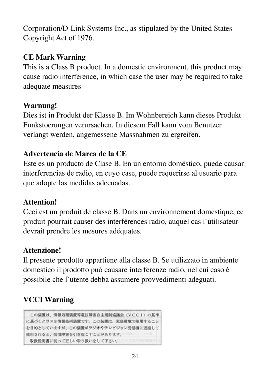 D-Link DSC-100 user manual CE Mark Warning, Warnung, Advertencia de Marca de la CE, Attenzione, Vcci Warning 