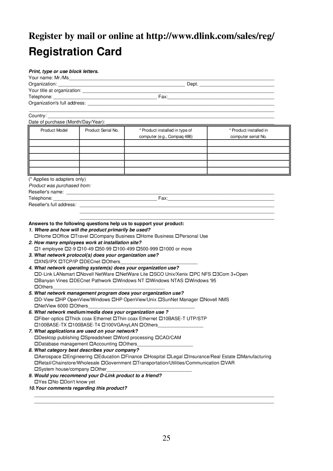 D-Link DSC-100 user manual Registration Card, Print, type or use block letters 