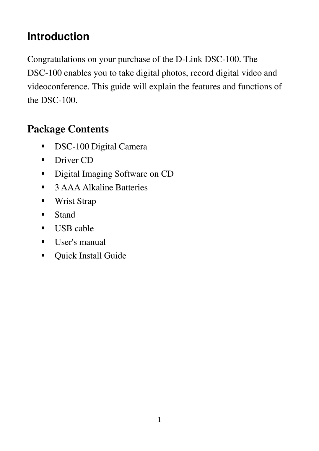 D-Link DSC-100 user manual Introduction, Package Contents 