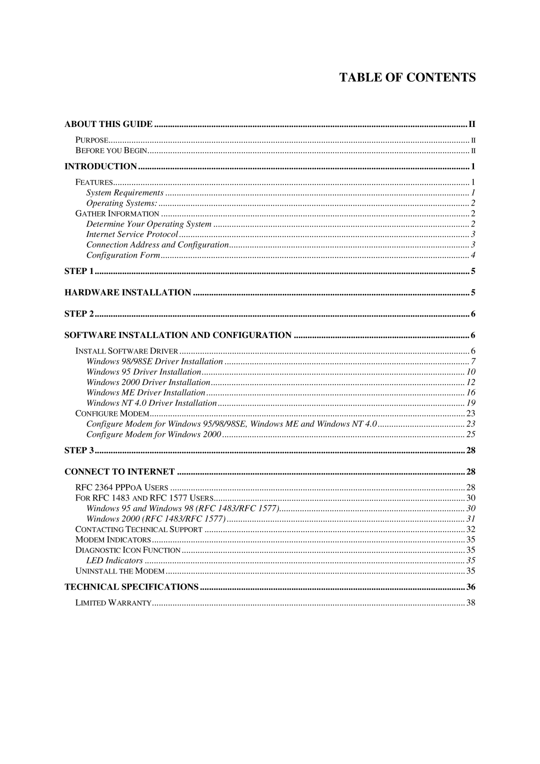 D-Link DSL-100D manual Table of Contents 