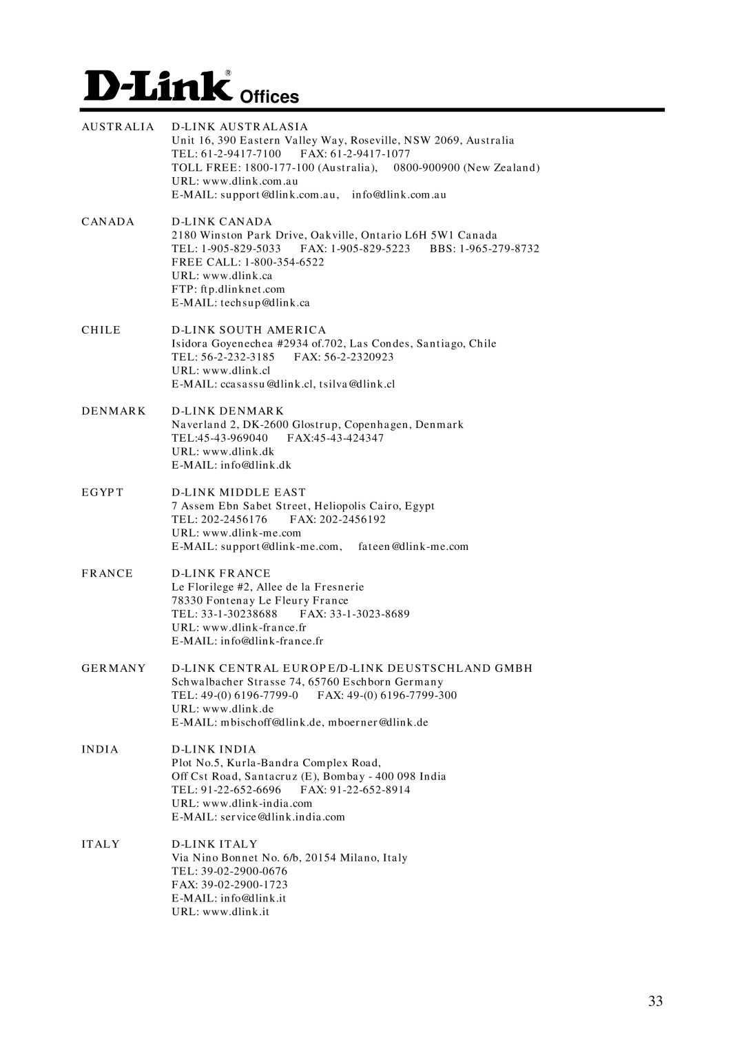 D-Link DSL-100D manual Offices, Australia D-LINK Australasia 