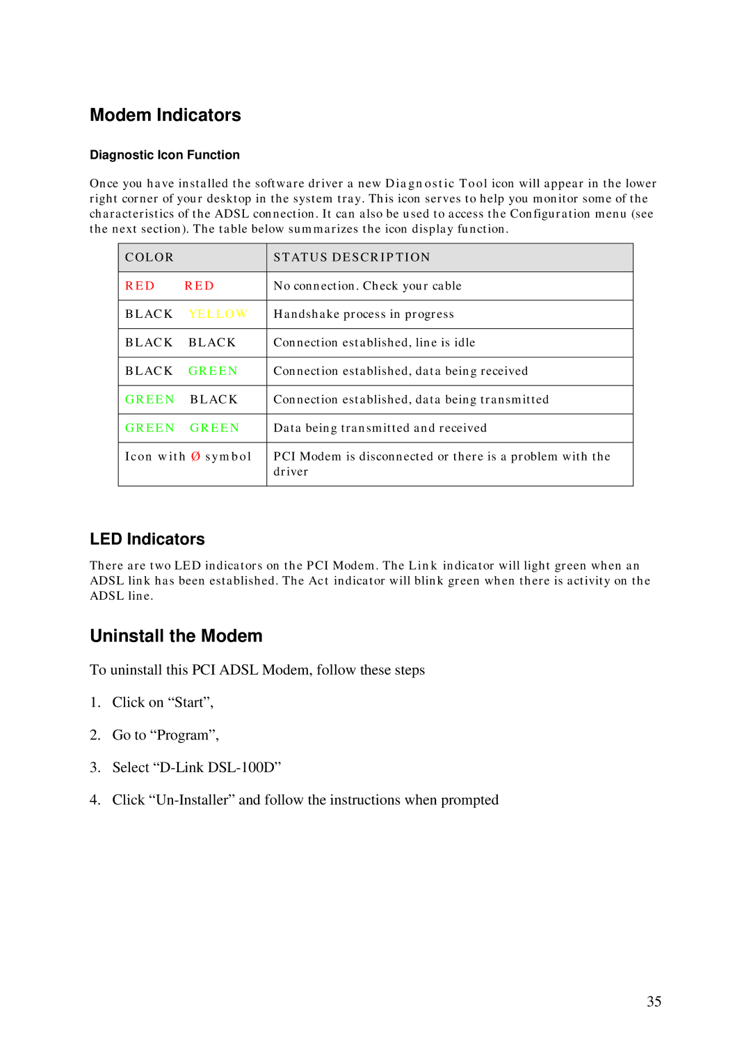 D-Link DSL-100D manual Modem Indicators, Uninstall the Modem, LED Indicators 