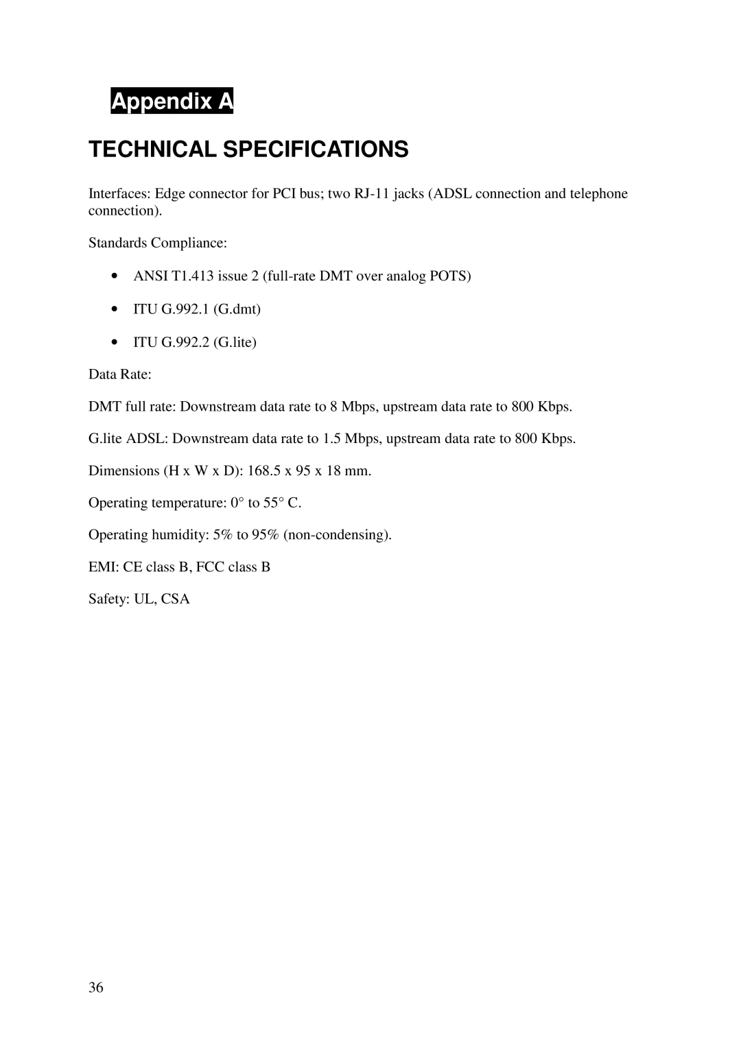 D-Link DSL-100D manual Technical Specifications 