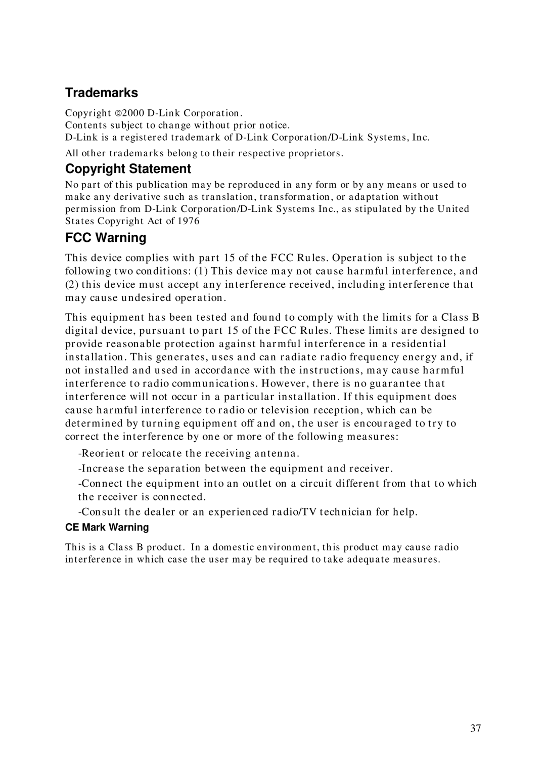 D-Link DSL-100D manual Trademarks, Copyright Statement, FCC Warning 