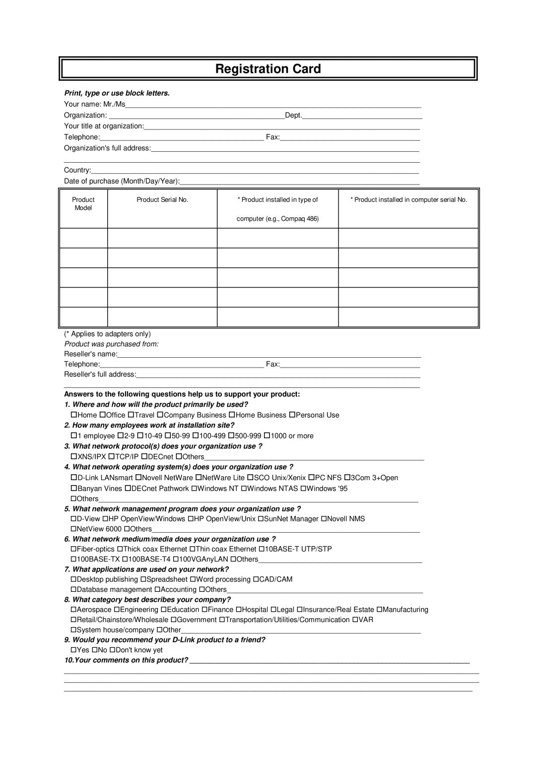 D-Link DSL-100D manual Registration Card, Print, type or use block letters 