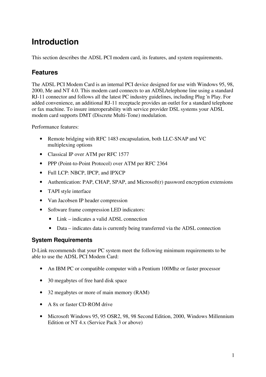 D-Link DSL-100D manual Features, System Requirements 