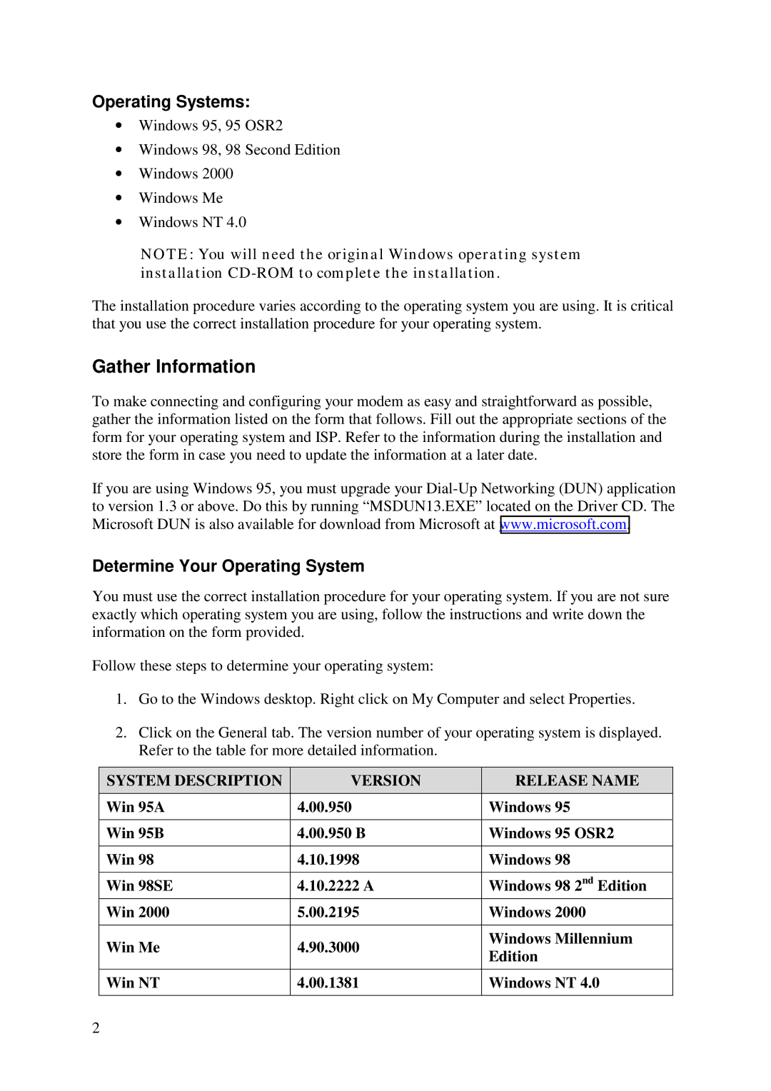 D-Link DSL-100D manual Gather Information, Operating Systems, Determine Your Operating System 