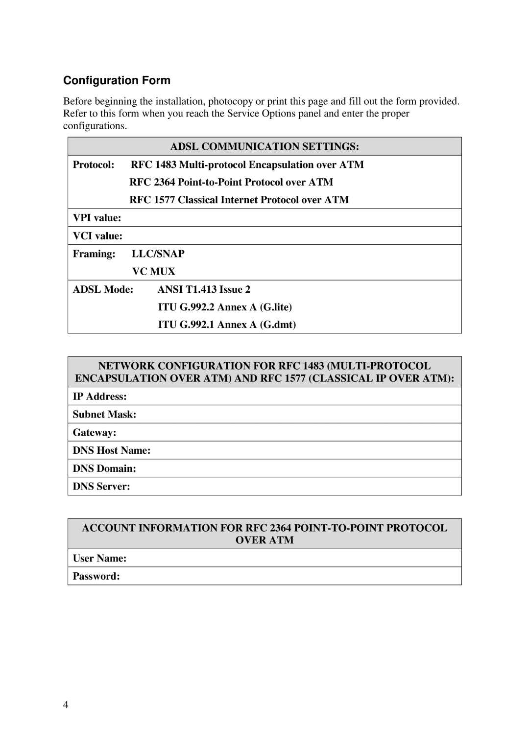 D-Link DSL-100D manual Configuration Form, Adsl Communication Settings 