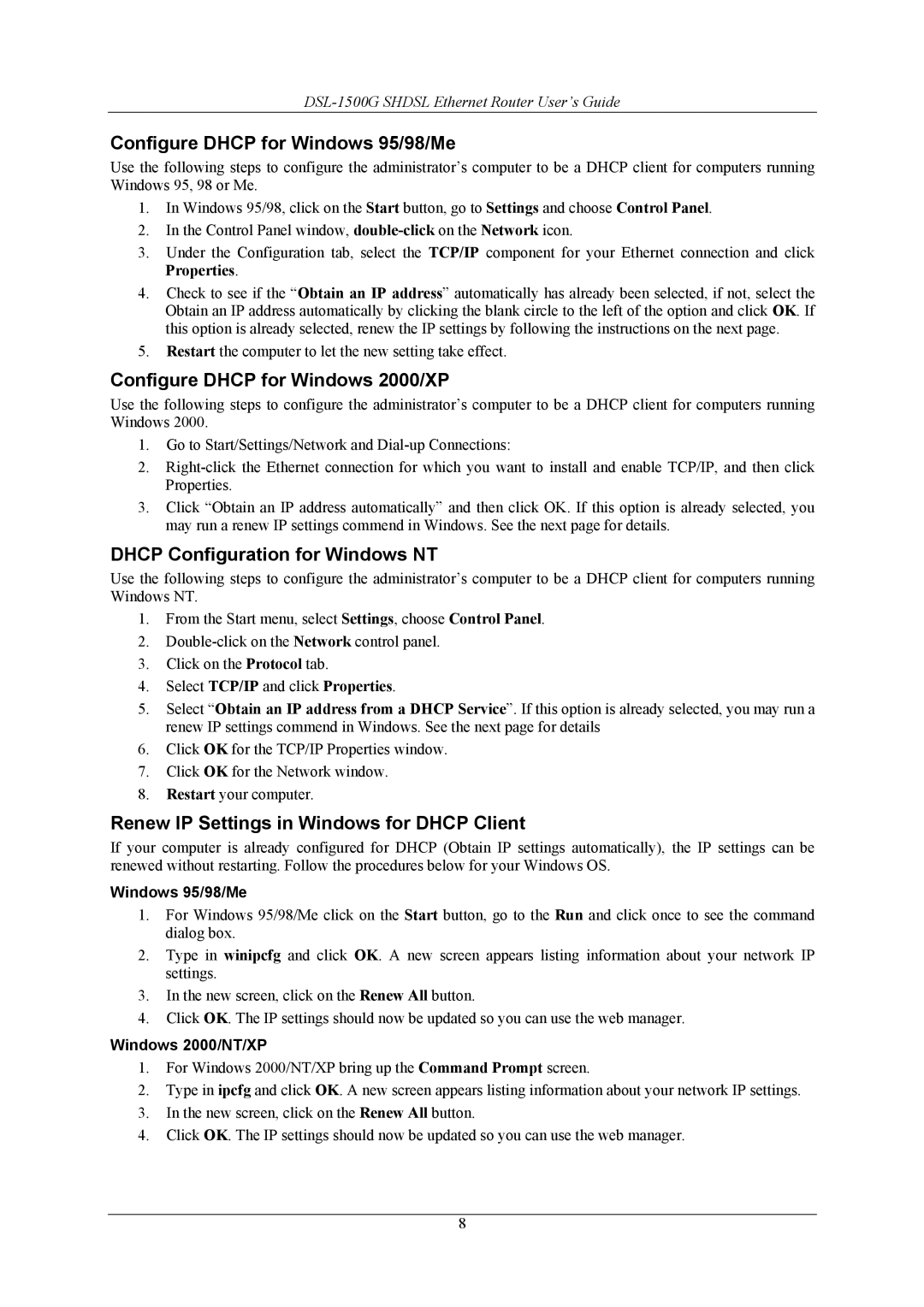 D-Link DSL-1500G manual Configure Dhcp for Windows 95/98/Me, Configure Dhcp for Windows 2000/XP 