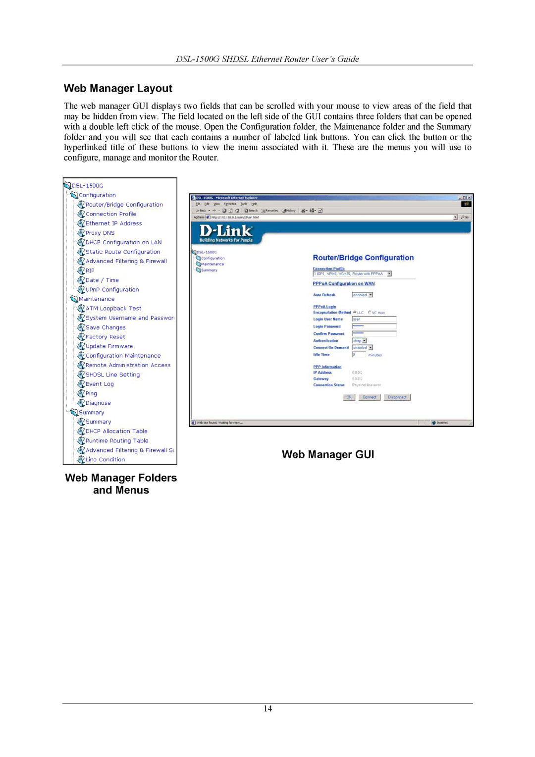 D-Link DSL-1500G manual Web Manager Layout, Web Manager GUI Web Manager Folders Menus 