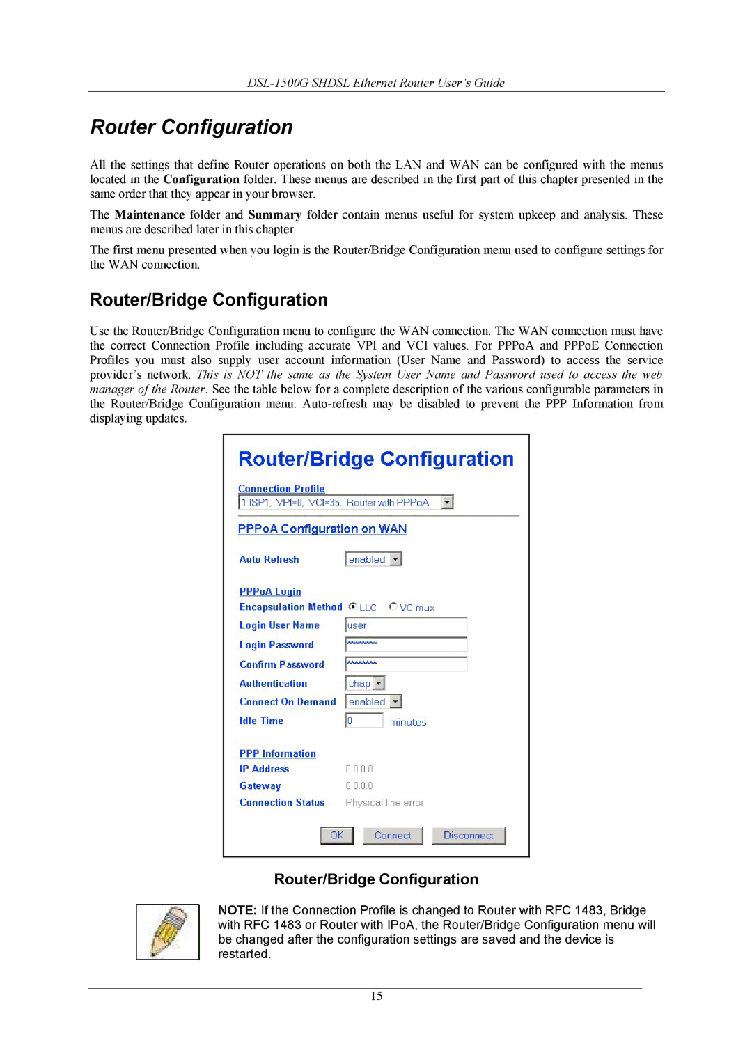 D-Link DSL-1500G manual Router Configuration, Router/Bridge Configuration 