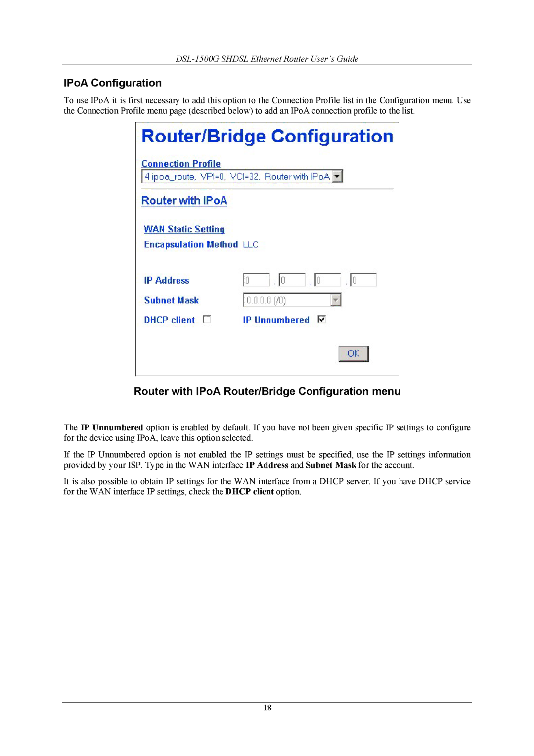 D-Link DSL-1500G manual IPoA Configuration, Router with IPoA Router/Bridge Configuration menu 