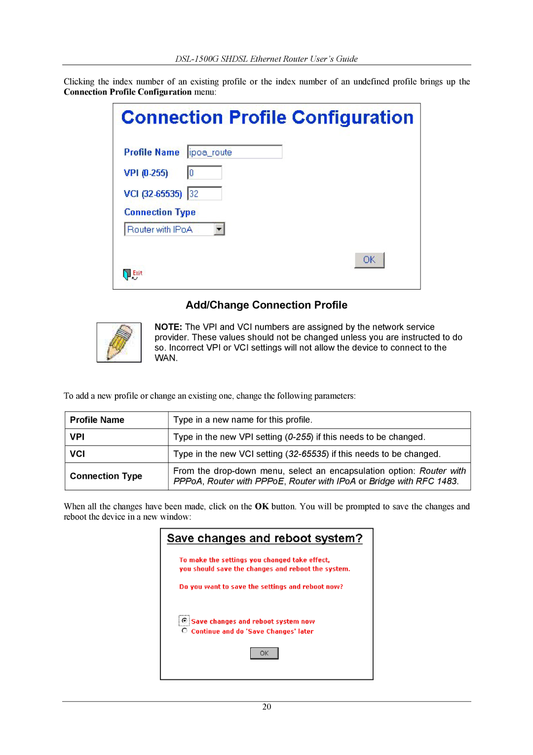 D-Link DSL-1500G manual Add/Change Connection Profile 