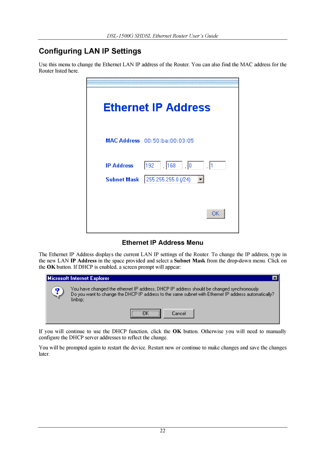 D-Link DSL-1500G manual Configuring LAN IP Settings, Ethernet IP Address Menu 