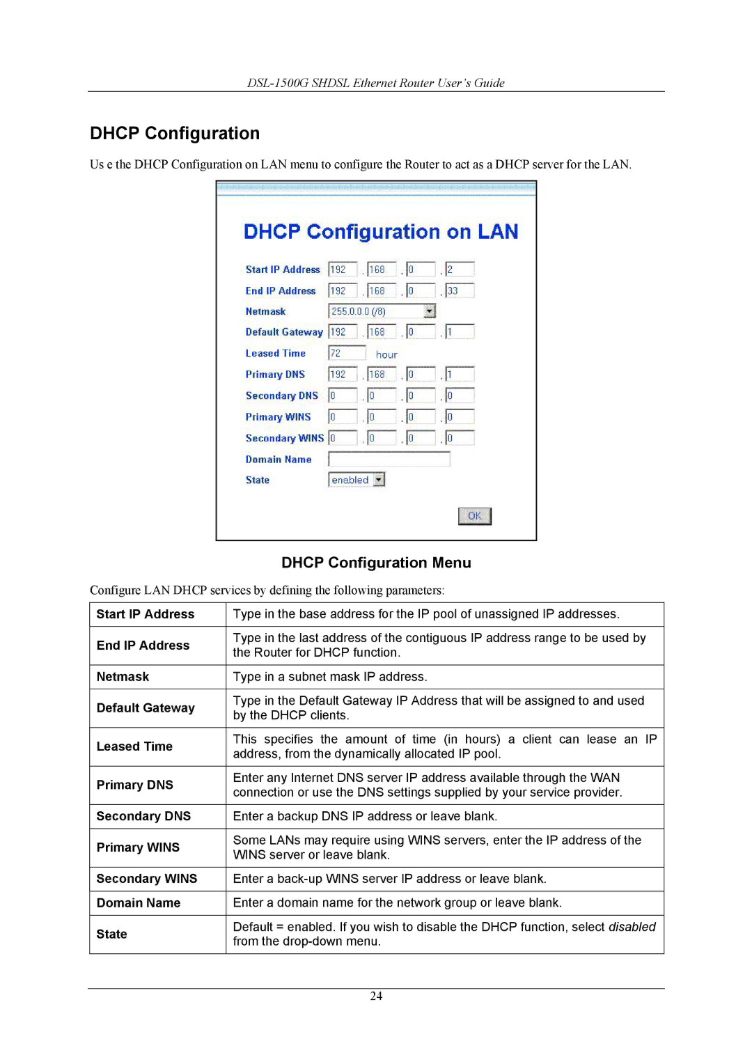 D-Link DSL-1500G manual Dhcp Configuration 