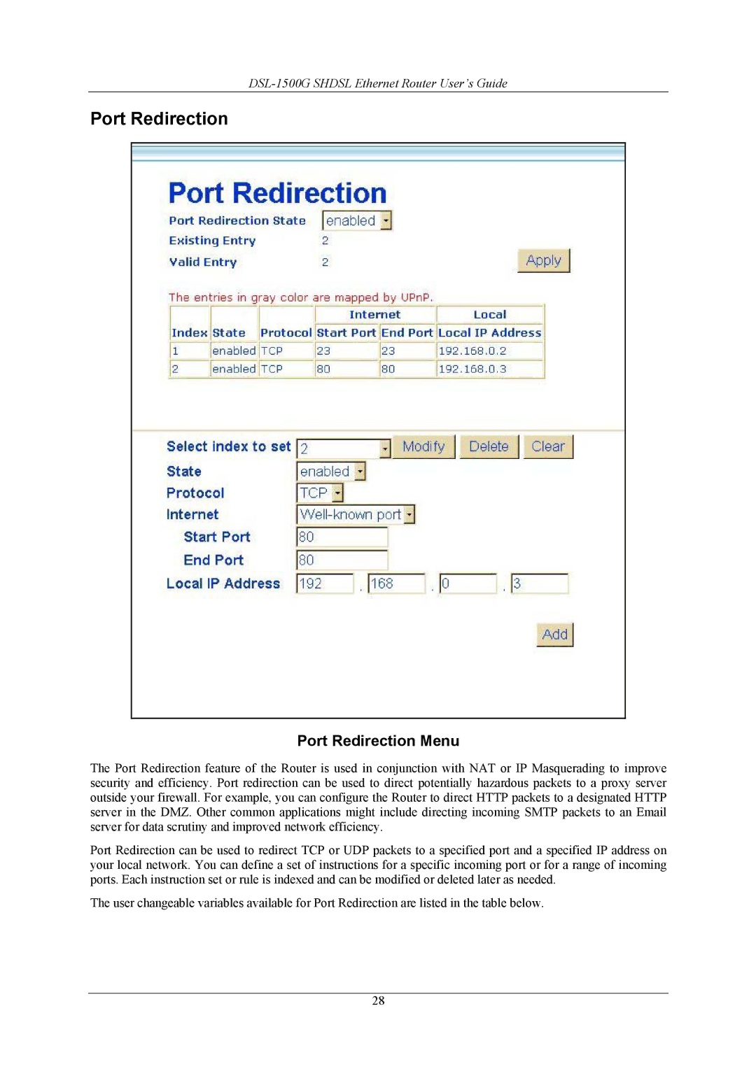 D-Link DSL-1500G manual Port Redirection Menu 