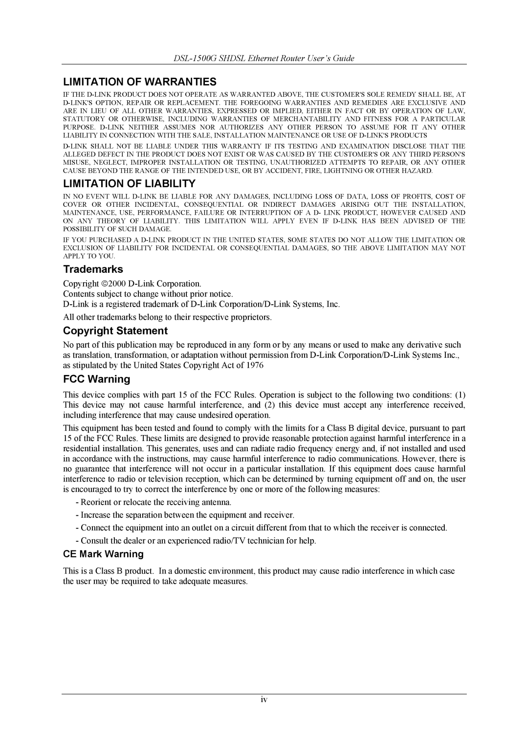 D-Link DSL-1500G manual Trademarks, Copyright Statement, FCC Warning 