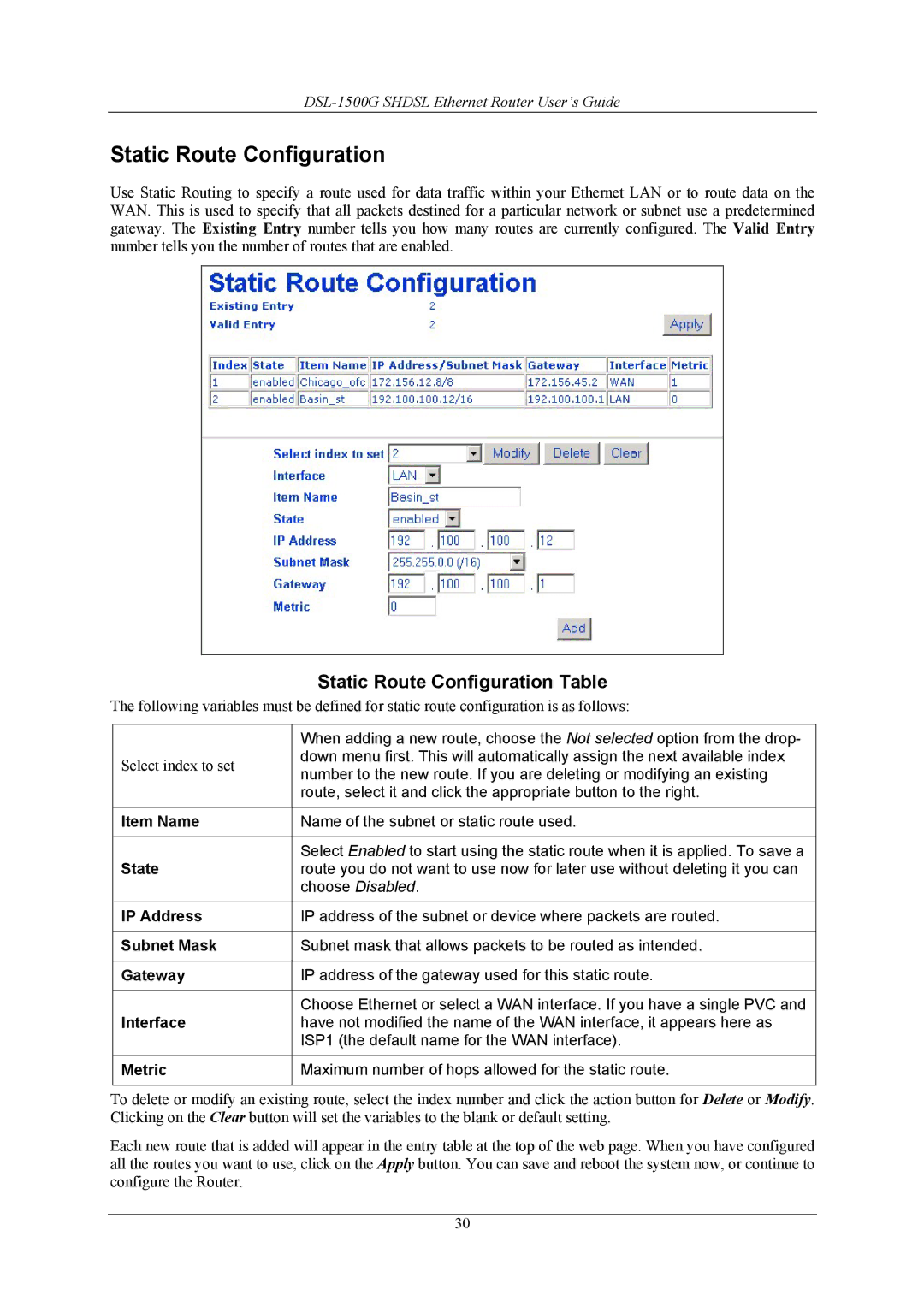 D-Link DSL-1500G manual Static Route Configuration Table, Item Name, Gateway, Metric 