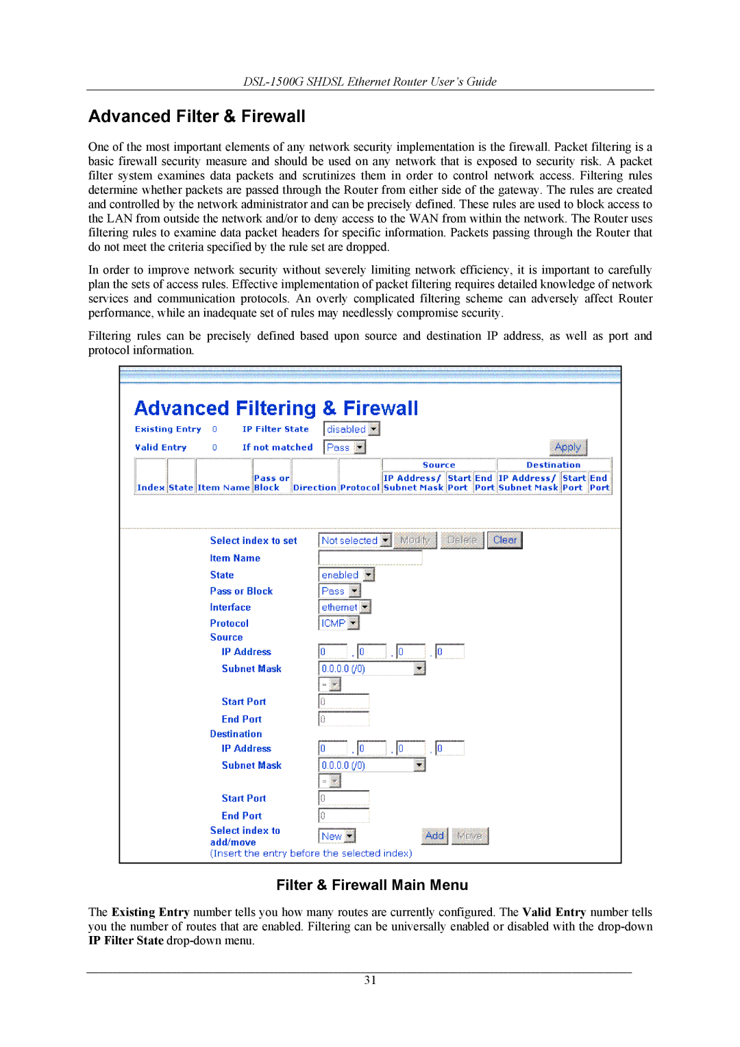 D-Link DSL-1500G manual Advanced Filter & Firewall, Filter & Firewall Main Menu 