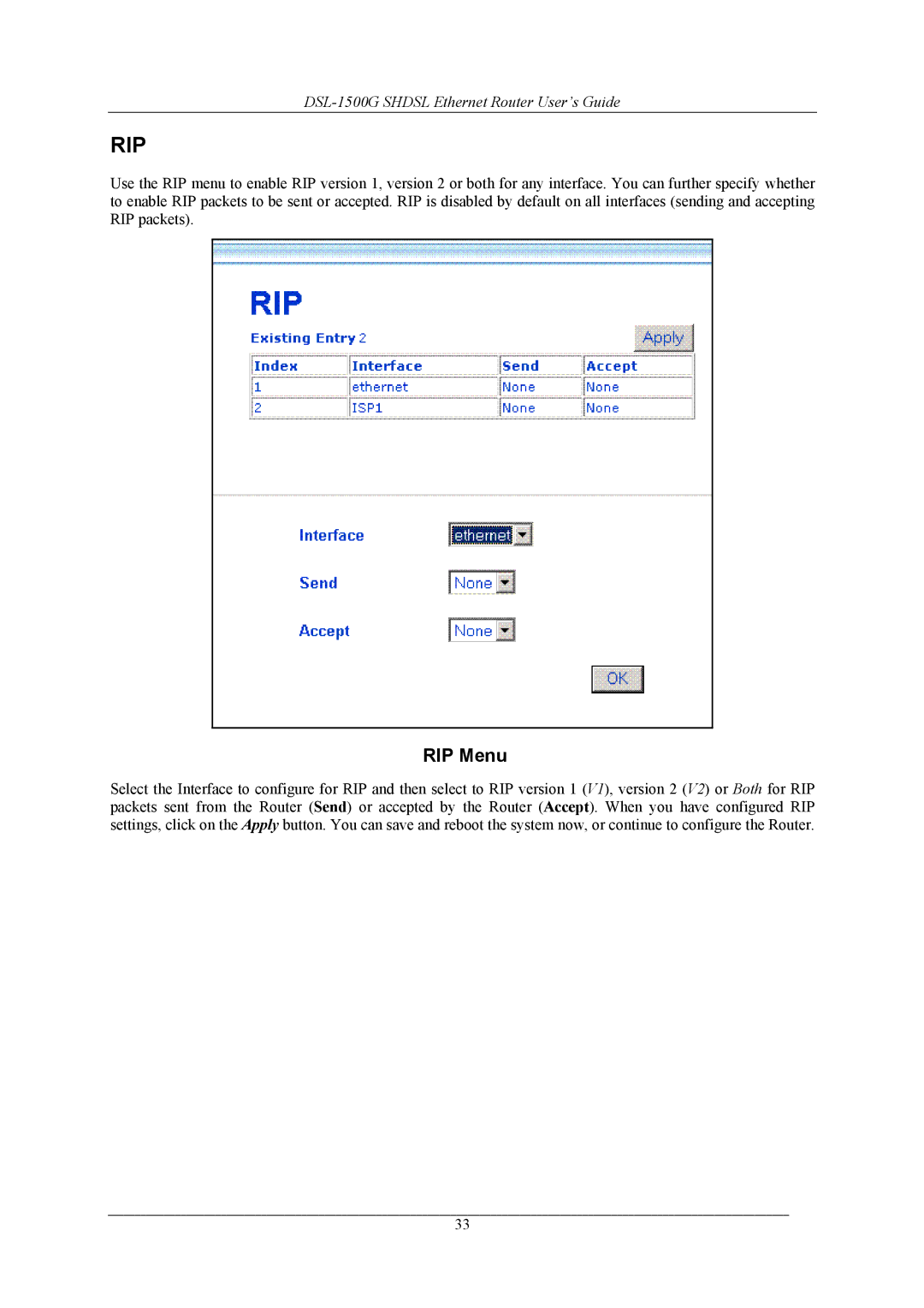 D-Link DSL-1500G manual Rip, RIP Menu 