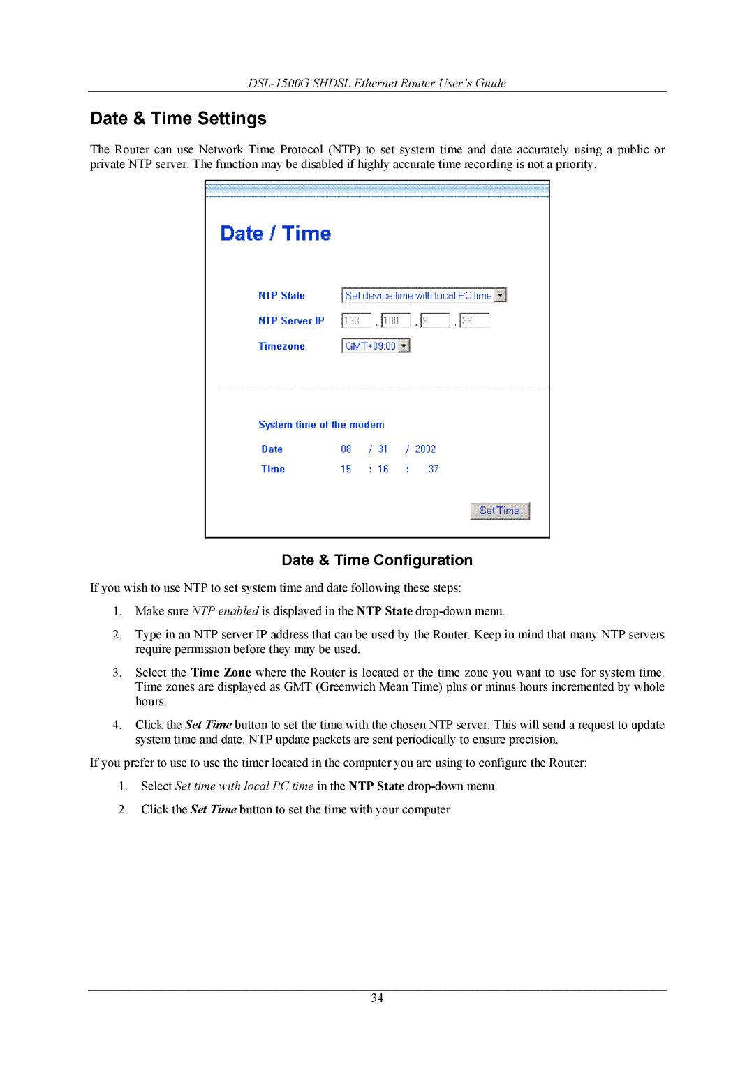 D-Link DSL-1500G manual Date & Time Settings, Date & Time Configuration 