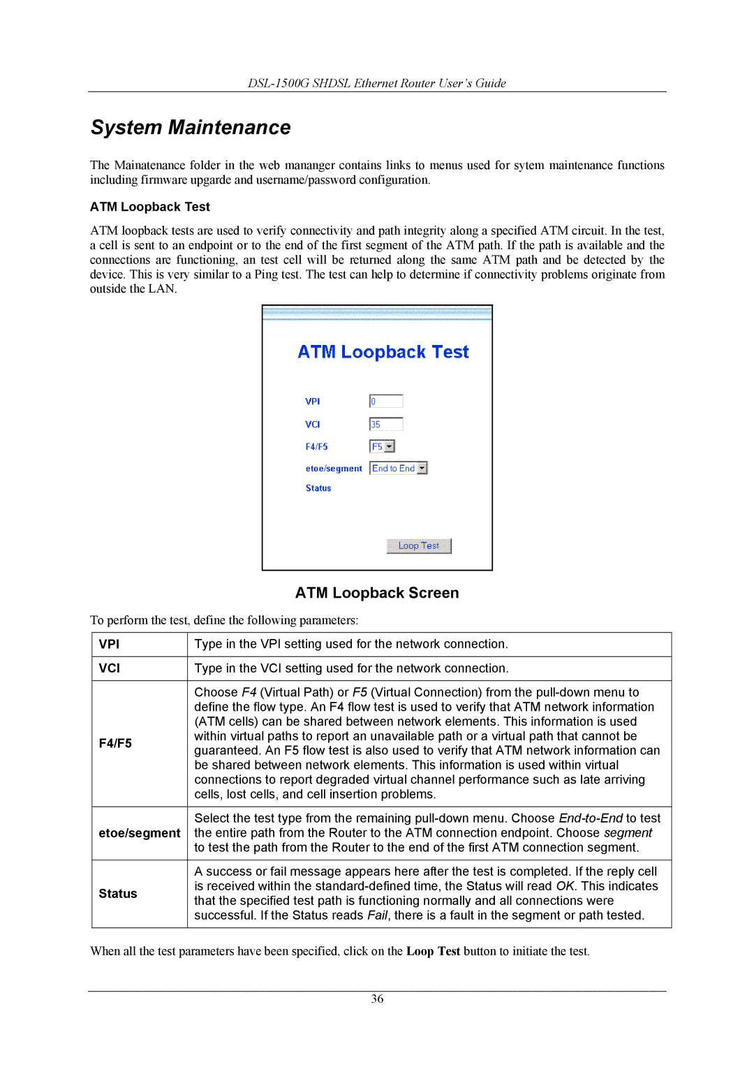 D-Link DSL-1500G manual System Maintenance, ATM Loopback Screen, ATM Loopback Test, F4/F5, Etoe/segment 