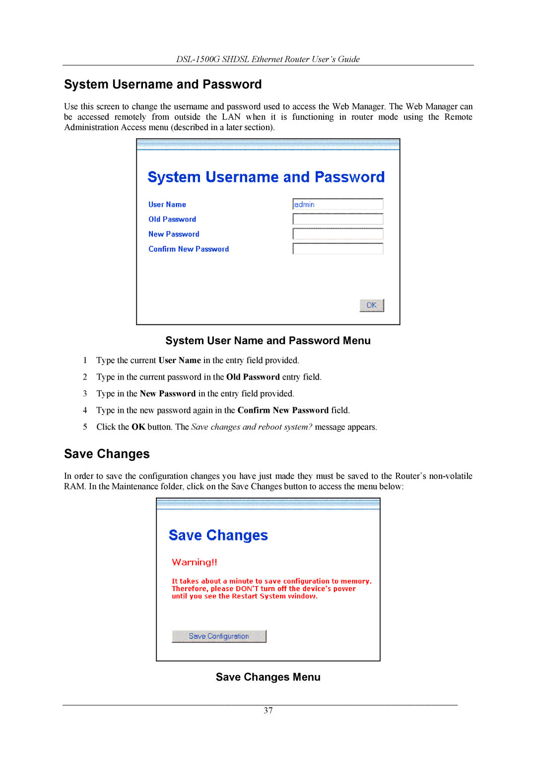 D-Link DSL-1500G manual System Username and Password, System User Name and Password Menu, Save Changes Menu 