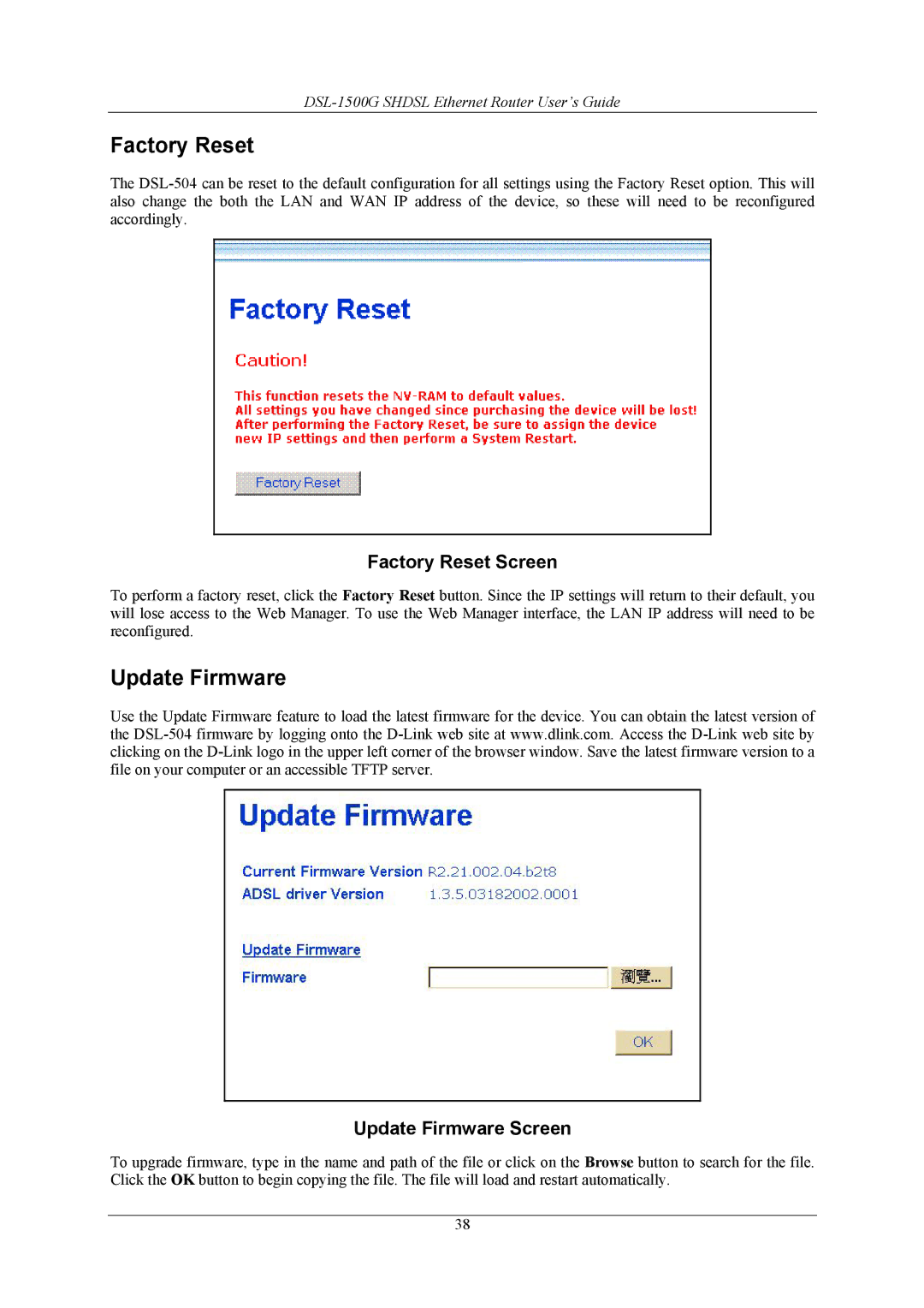 D-Link DSL-1500G manual Factory Reset Screen, Update Firmware Screen 