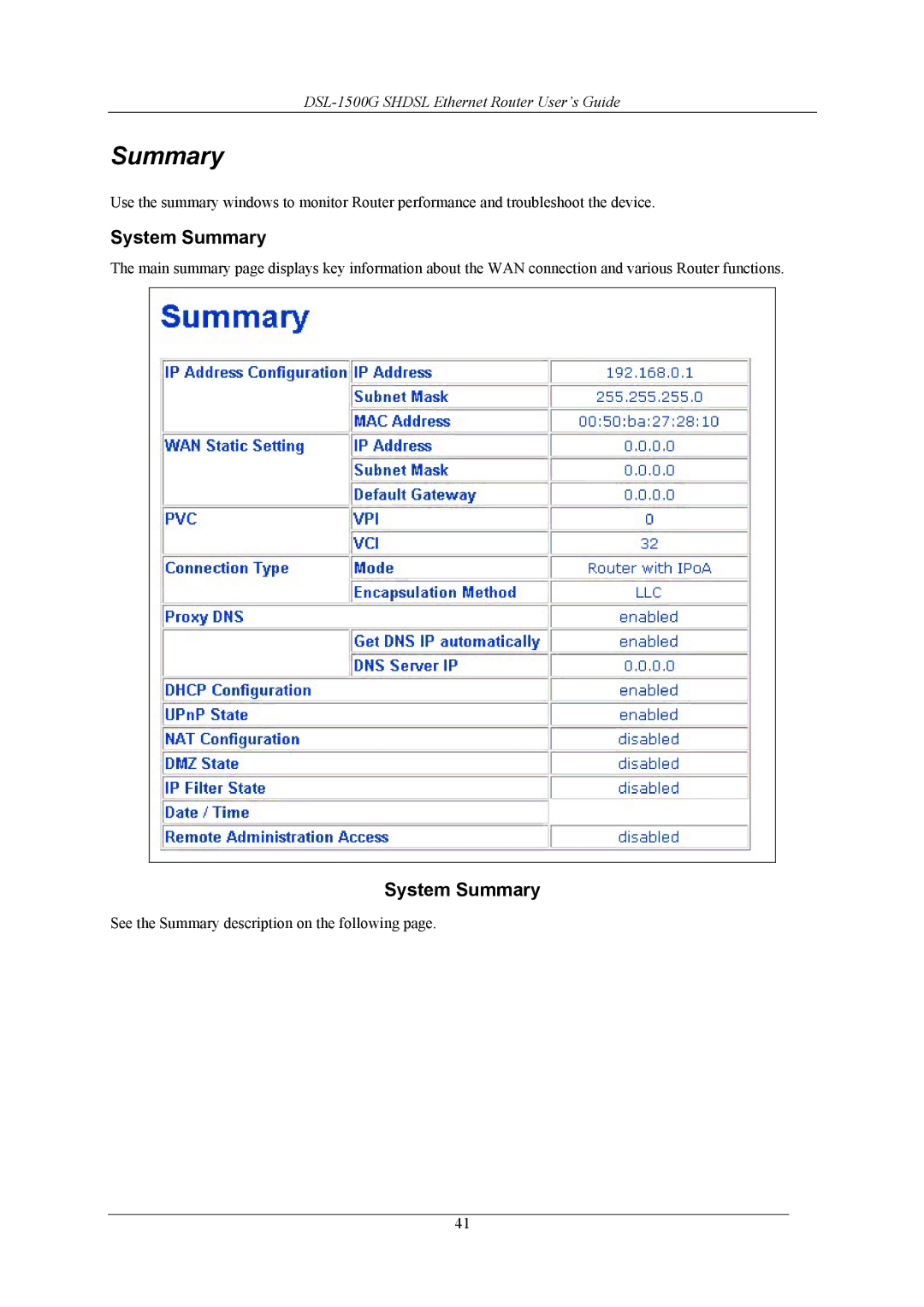 D-Link DSL-1500G manual System Summary 