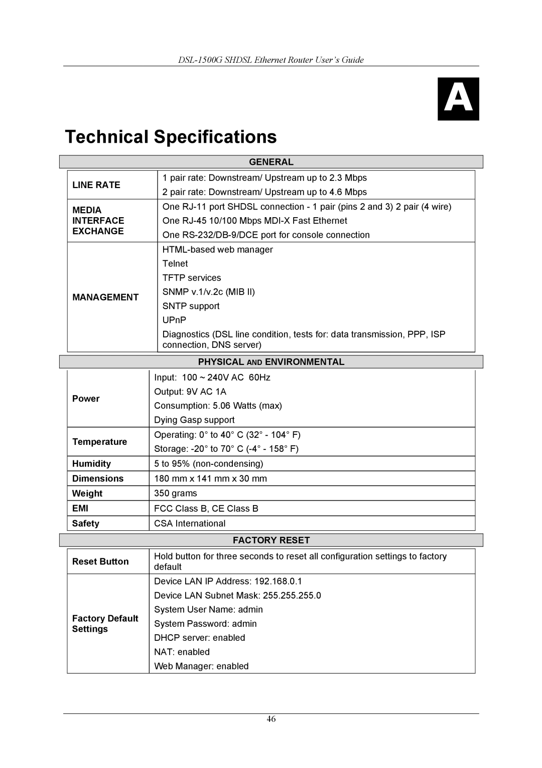 D-Link DSL-1500G manual Temperature, Humidity, Dimensions, Weight, Safety, Reset Button, Factory Default, Settings 