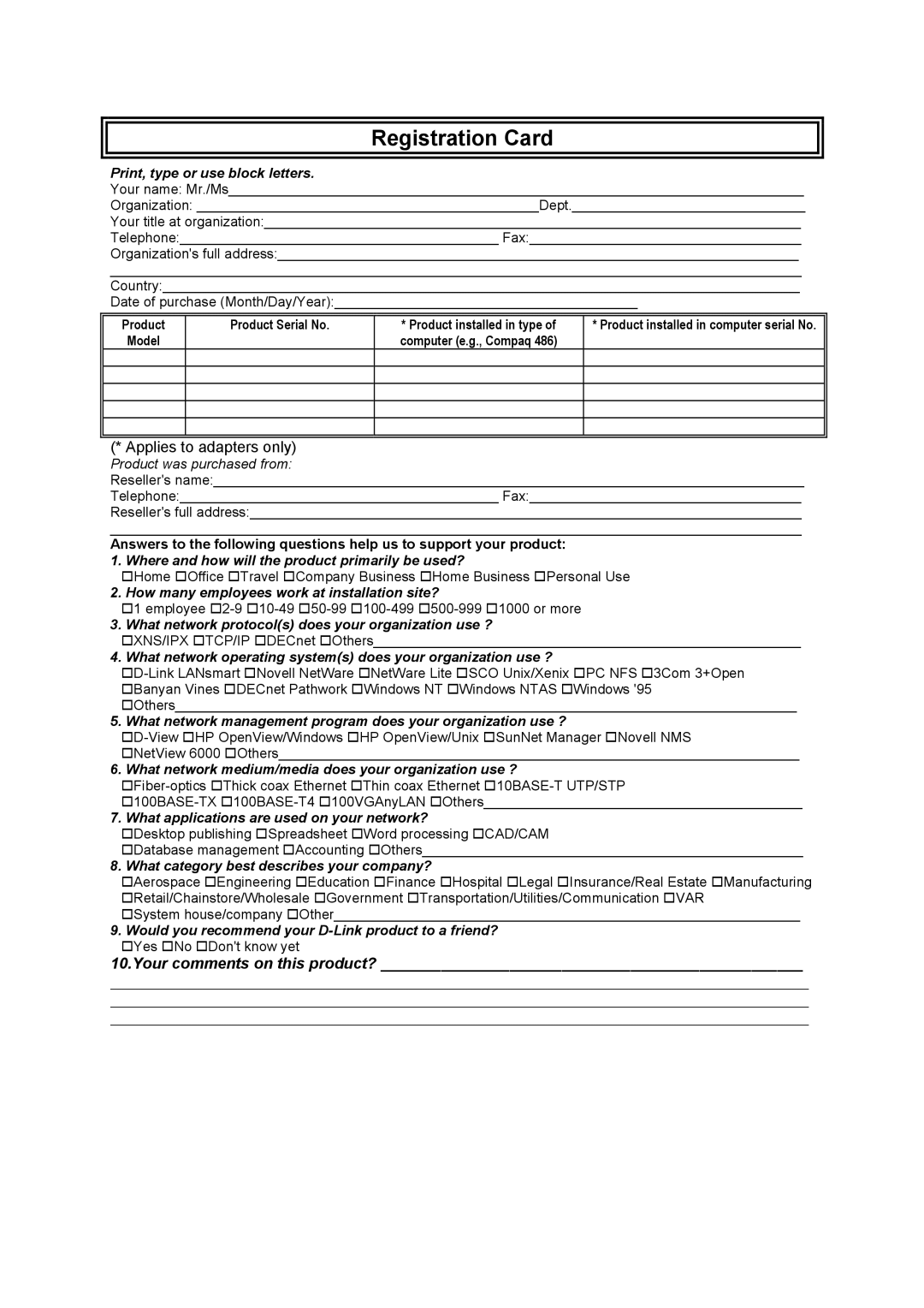 D-Link DSL-1500G manual Registration Card, Print, type or use block letters 