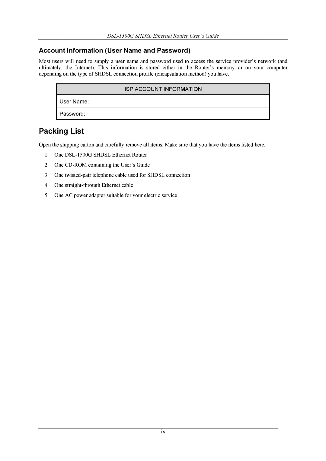 D-Link DSL-1500G manual Packing List, Account Information User Name and Password 