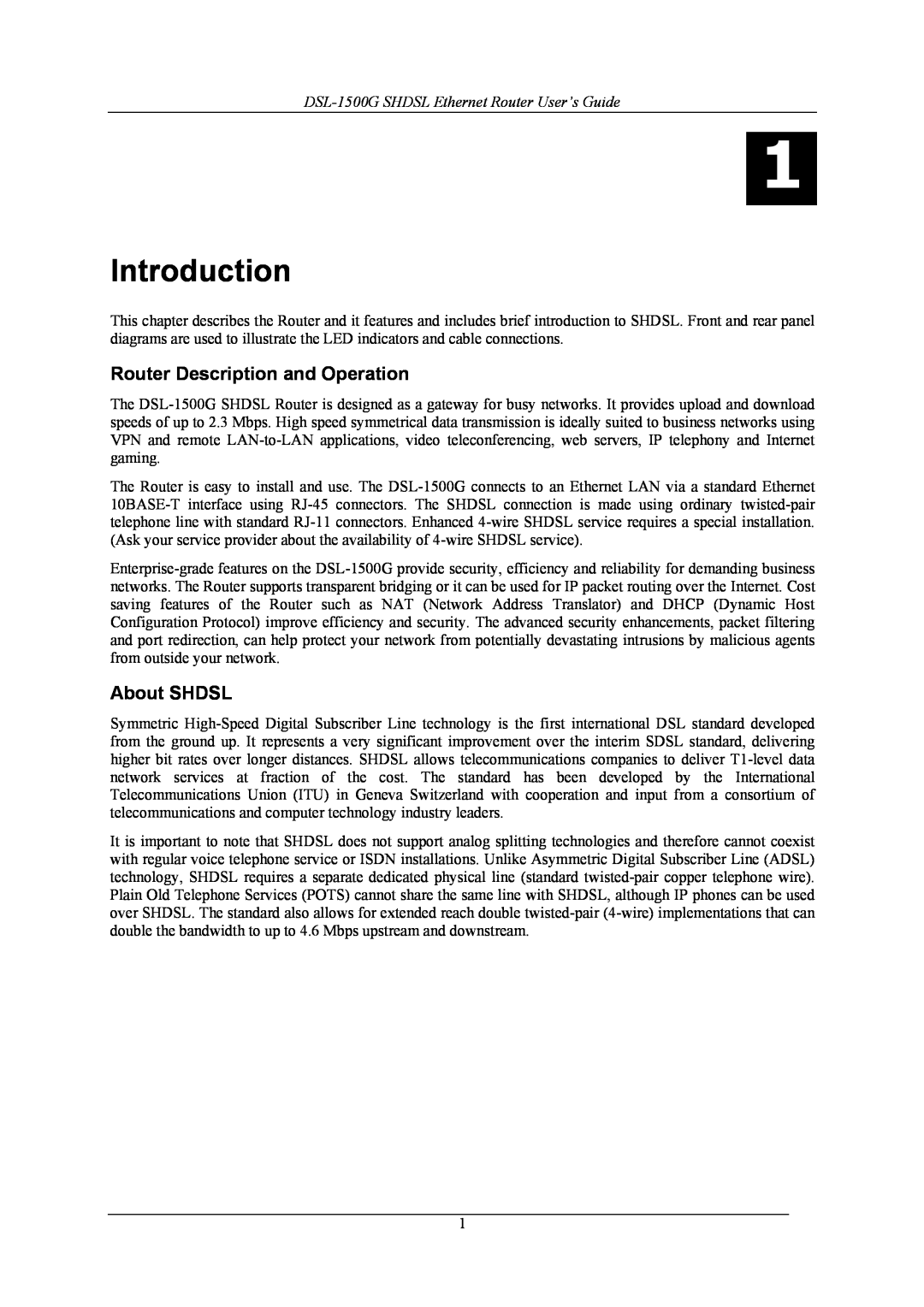 D-Link manual Introduction, Router Description and Operation, About SHDSL, DSL-1500G SHDSL Ethernet Router User’s Guide 