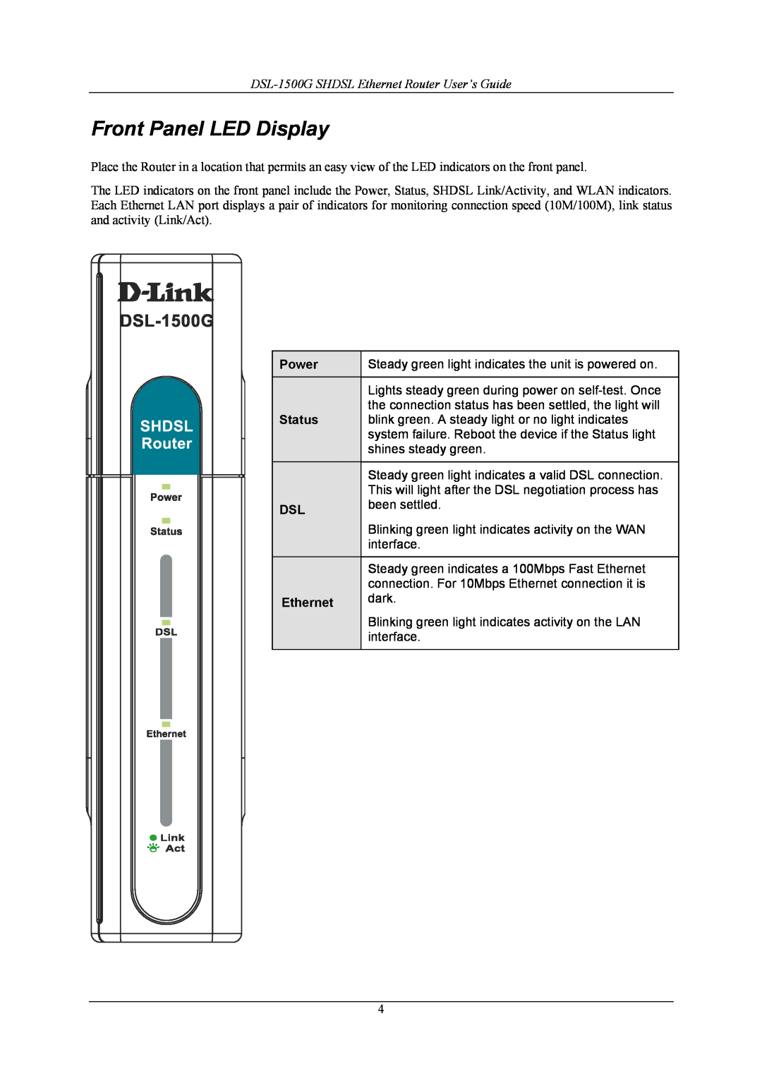 D-Link manual Front Panel LED Display, DSL-1500G SHDSL Ethernet Router User’s Guide, Power, Status 