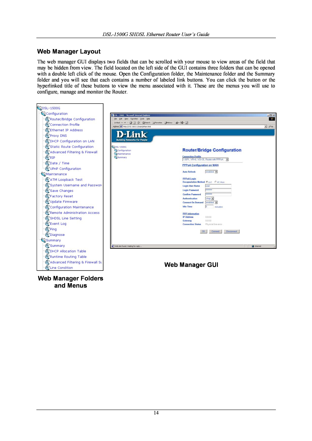 D-Link DSL-1500G manual Web Manager Layout, Web Manager GUI Web Manager Folders and Menus 