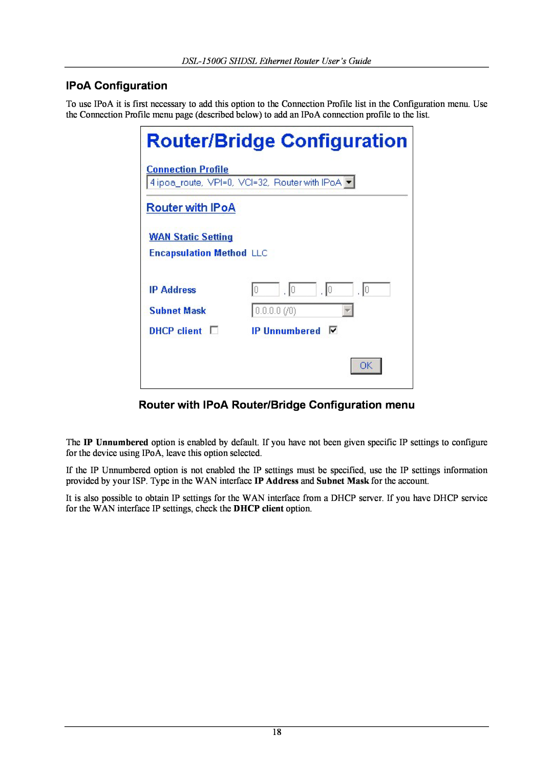 D-Link DSL-1500G manual IPoA Configuration, Router with IPoA Router/Bridge Configuration menu 