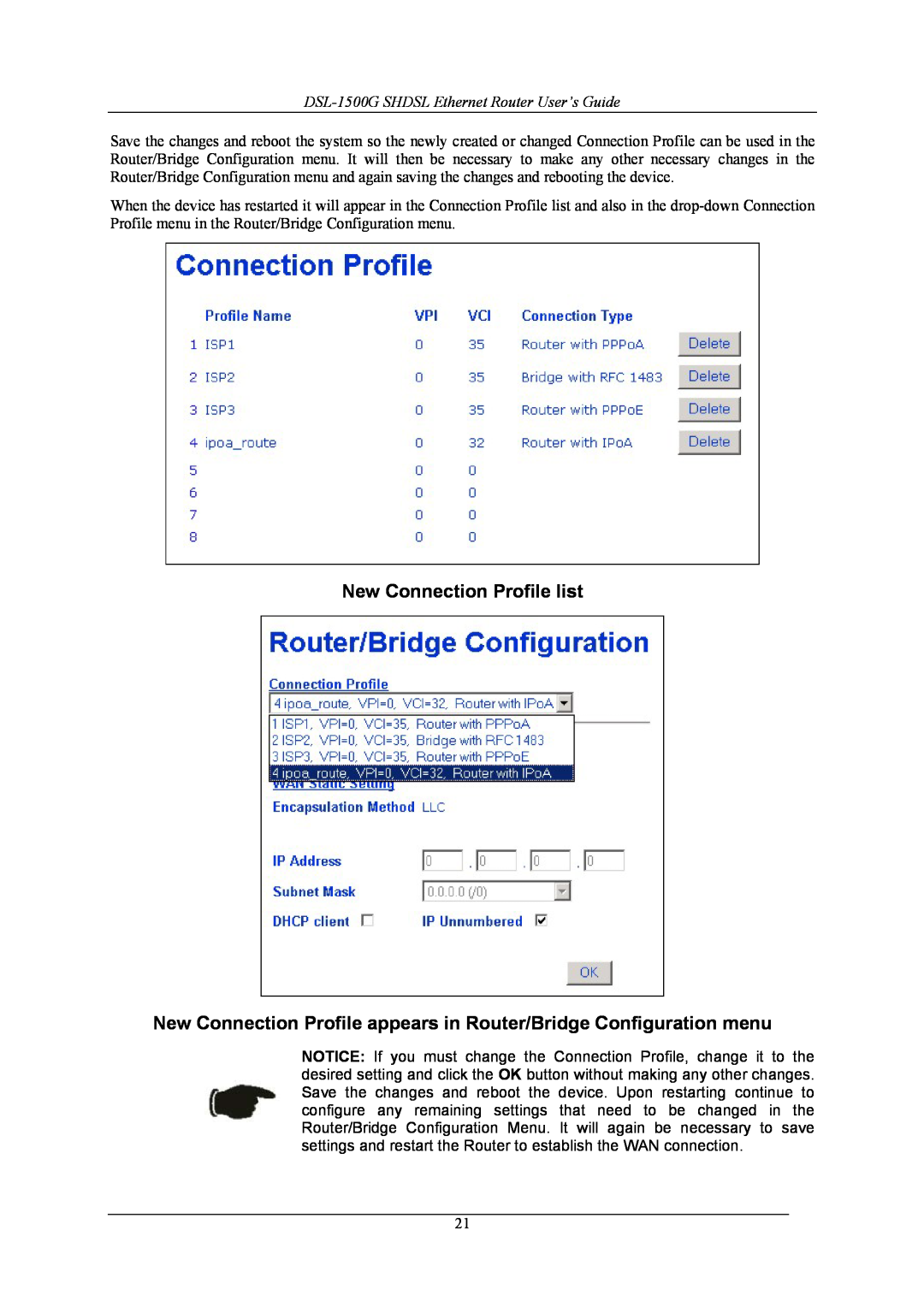D-Link DSL-1500G manual New Connection Profile list, New Connection Profile appears in Router/Bridge Configuration menu 