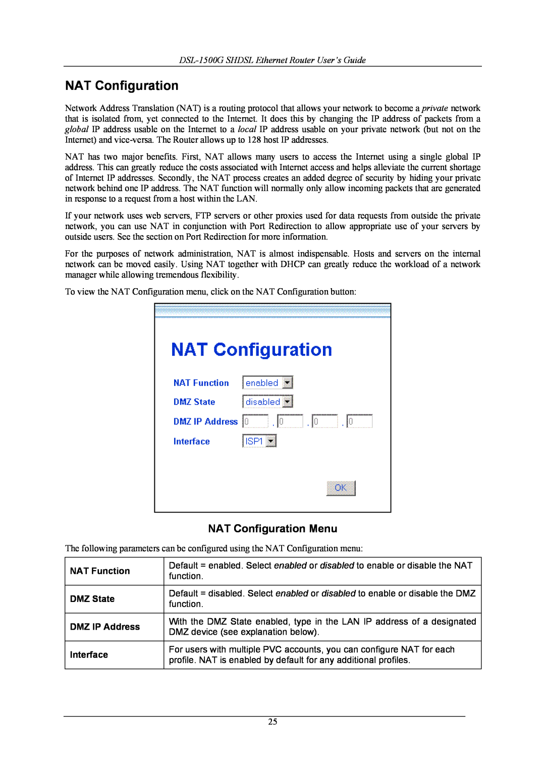 D-Link manual NAT Configuration Menu, DSL-1500G SHDSL Ethernet Router User’s Guide 