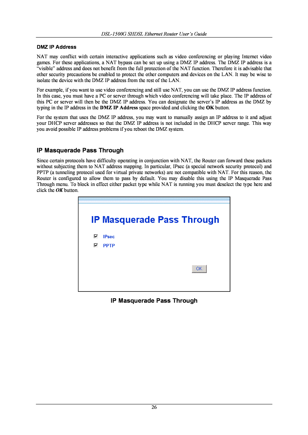 D-Link manual IP Masquerade Pass Through, DSL-1500G SHDSL Ethernet Router User’s Guide 